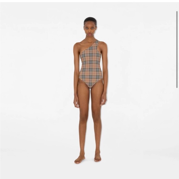 Burberry  Beige Plaid One-Shoulder Bodysuit - Picture 2 of 11
